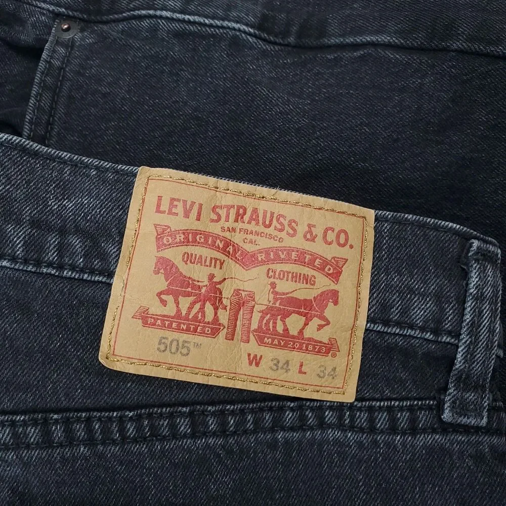 Levis 505 Jeans Mens 34x34 Gray Charcoal Wash Regular Straight Zip Fly Stretch